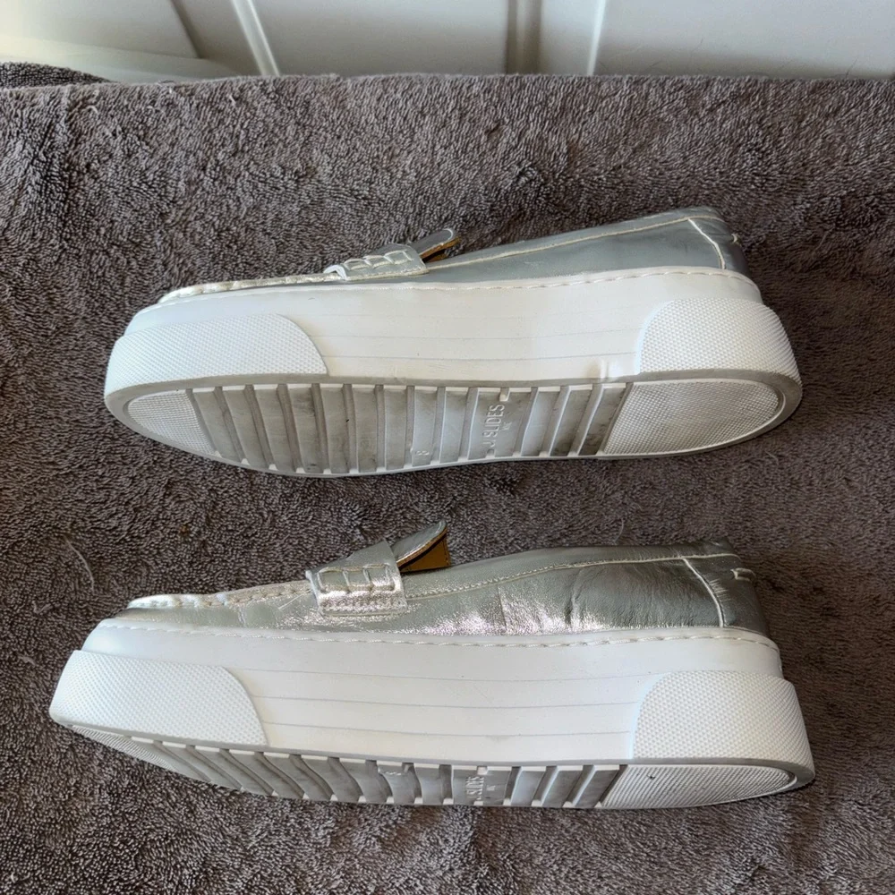 J/Slides Silver Metallic Platform Penny Loafers